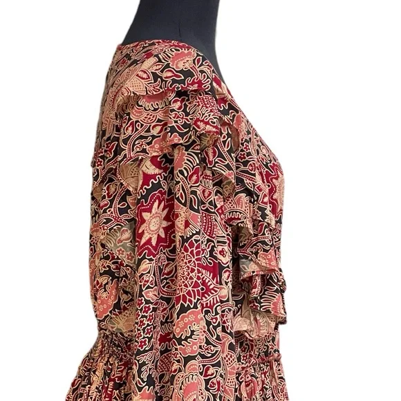 House of Harlow 1960 Jaipur Print Boho Abstract Floral Blouse Top Sz L Black Red - Picture 8 of 16